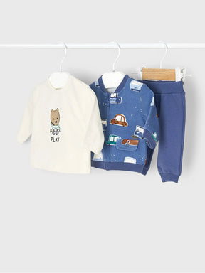 Flat lay of blue car-print jacket bear tee and jogger set
