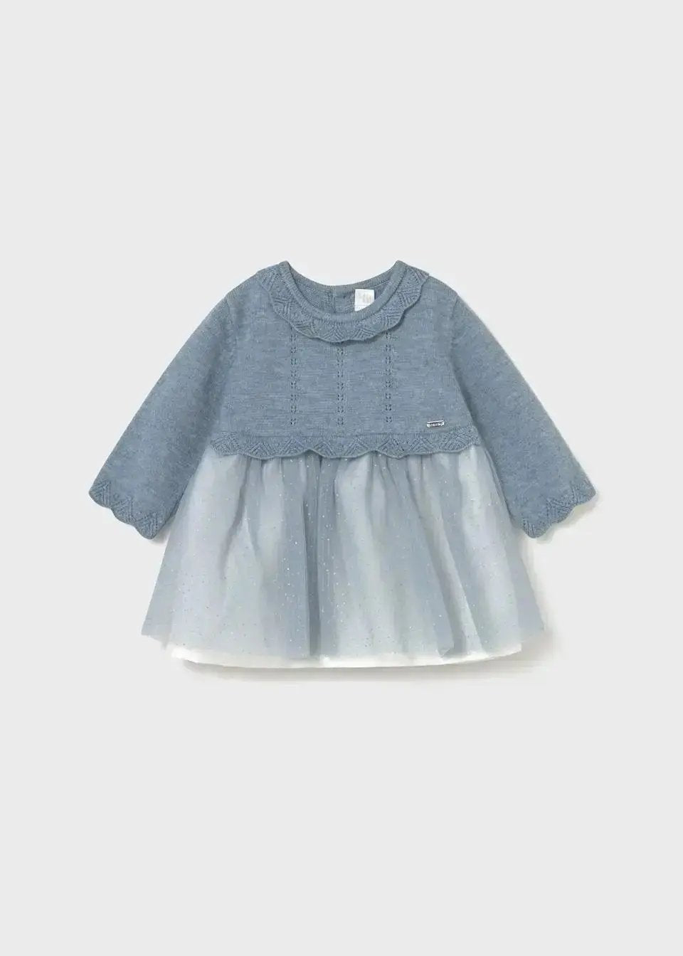Mayoral newborn baby girl Blue/Grey knit and tulle dress with ruffled neckline and floaty skirt.