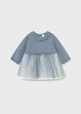 Mayoral newborn baby girl Blue/Grey knit and tulle dress with ruffled neckline and floaty skirt.
