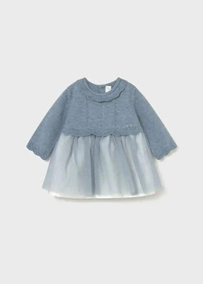 Front view of blue-grey Mayoral newborn girl knit dress with tulle skirt