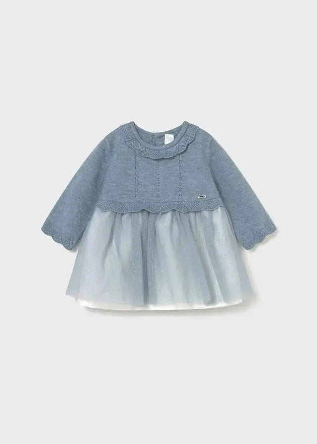 Mayoral newborn baby girl Blue/Grey knit and tulle dress with ruffled neckline and floaty skirt.