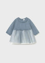 Mayoral newborn baby girl Blue/Grey knit and tulle dress with ruffled neckline and floaty skirt.