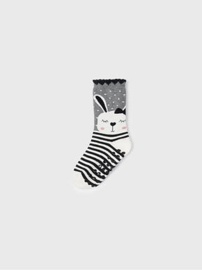 Grey Mayoral girls sock with sleeping bunny face and black-and-white stripes