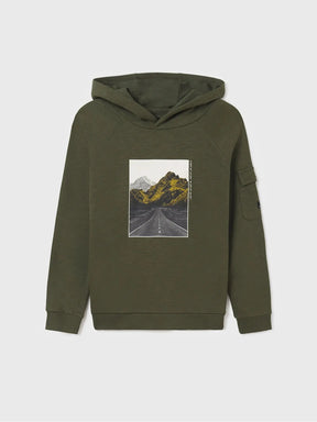 Front view of olive Mayoral boys pullover hoodie with mountain-road graphic
