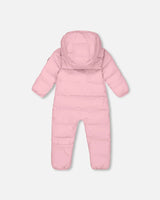 Back view of compressible baby car seat snowsuit pink