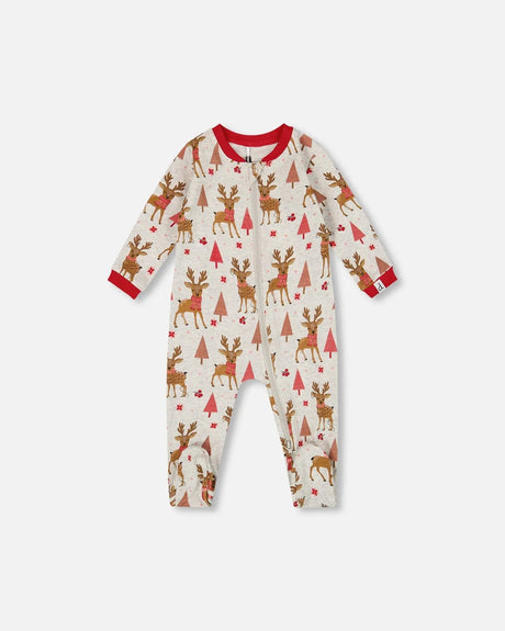 One-Piece Organic Cotton Pajama Beige Girly Reindeer Print | Deux par Deux | Jenni Kidz
