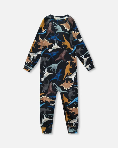One-Piece Thermal Underwear Black Dinosaur Print | Deux par Deux | Jenni Kidz