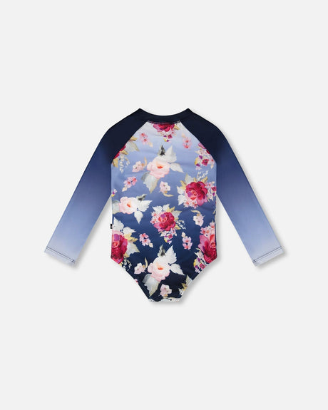Back view of Blue Rose long sleeve rashguard one-piece for girls