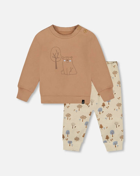Organic Cotton Pant And Top Set Beige Tree Print | Deux par Deux | Jenni Kidz