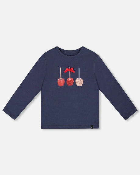 Organic Cotton T-Shirt Navy Blue With Apple Treats | Deux par Deux | Jenni Kidz