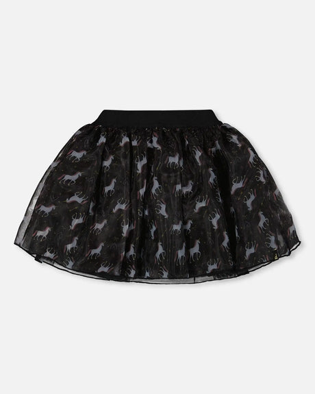 Organza And Mesh Skirt Black With Unicorn Print | Deux par Deux | Jenni Kidz