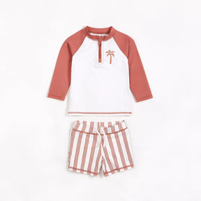 Petit Lem baby boy red palm tree rashguard and striped swim shorts set – flat lay