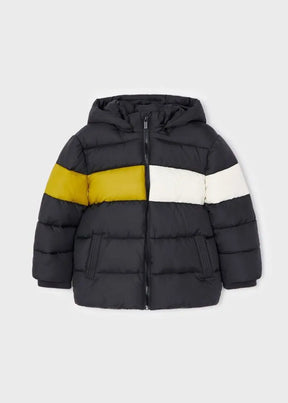 Front view of graphite Mayoral boys hooded puffer jacket with cream-and-yellow stripe