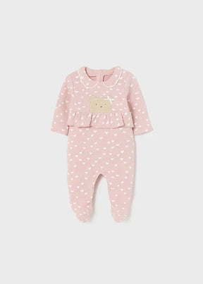 Front view of baby rose quilted heart-print bear footie one-piece