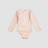 Back view of Miles The Label pearl shell swimsuit showing long sleeves, back zip, and one-piece fit.