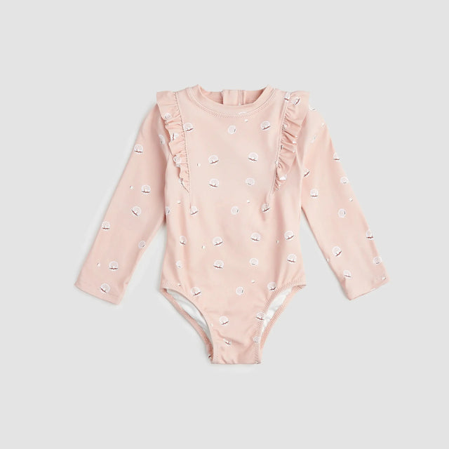 Miles The Label baby girls and girls Pink pearl shell long-sleeve swimsuit with UPF 50+ and shoulder frills.