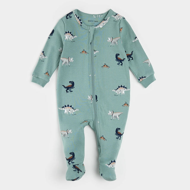 Petit Lem baby dinosaur print footed sleeper tidal wave green organic cotton