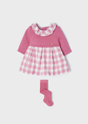 Front view of pink Mayoral baby girl plaid dress with matching tights