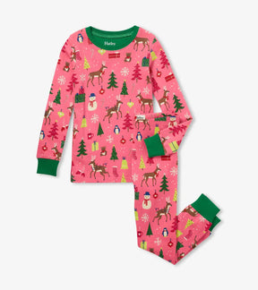 Hatley girls Pink Christmas pajama set with green trim, front product view