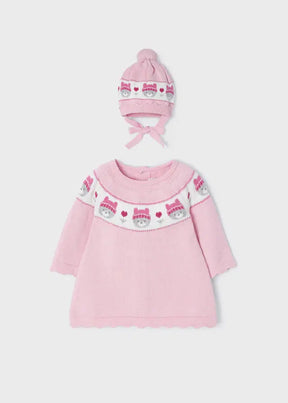 Pink Mayoral baby knit dress and matching pom-pom tie hat with character yoke