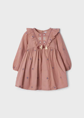 Front view of dusty pink girls embroidered long-sleeve dress