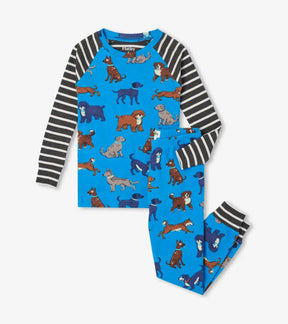 Hatley blue Playful Puppies boys pajama set with grey striped sleeves, full product view