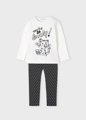 Ivory cat graphic top and navy polka-dot leggings set
