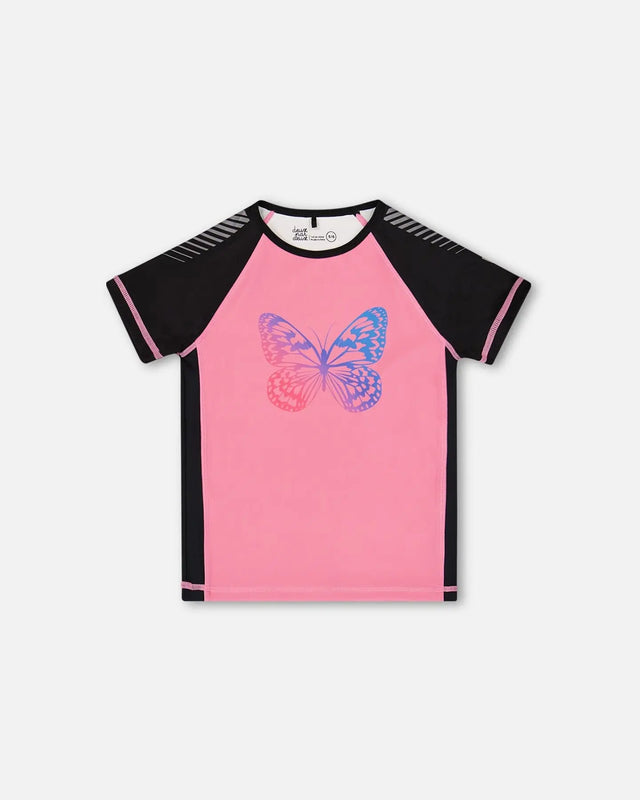 Printed Short Sleeve Athletic Top Pink With Butterflies | Deux par Deux | Jenni Kidz