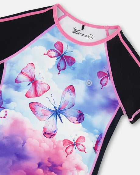 Printed Short Sleeve Athletic Top Pink, Black And Butterfly | Deux par Deux | Jenni Kidz
