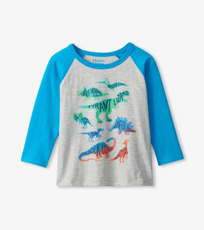 Hatley grey baby T-shirt with colorful dinosaur graphic and blue raglan sleeves, front view