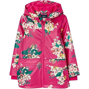 Joules Raindance Pink Floral Hooded Raincoat: front view of pink floral raincoat