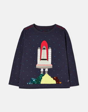 Joules Navy Rocket Reversible Sequin T-Shirt: front view with rocket and stars