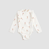 Miles The Label baby girls and girls Creme seahorse long-sleeve swimsuit with UPF 50+ and frilly shoulders.