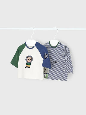 Two Mayoral baby long-sleeve tees with striped elephant and white colour-block animal designs