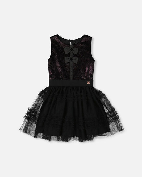 Sleeveless Bi-Material Velour And Mesh Dress Black | Deux par Deux | Jenni Kidz