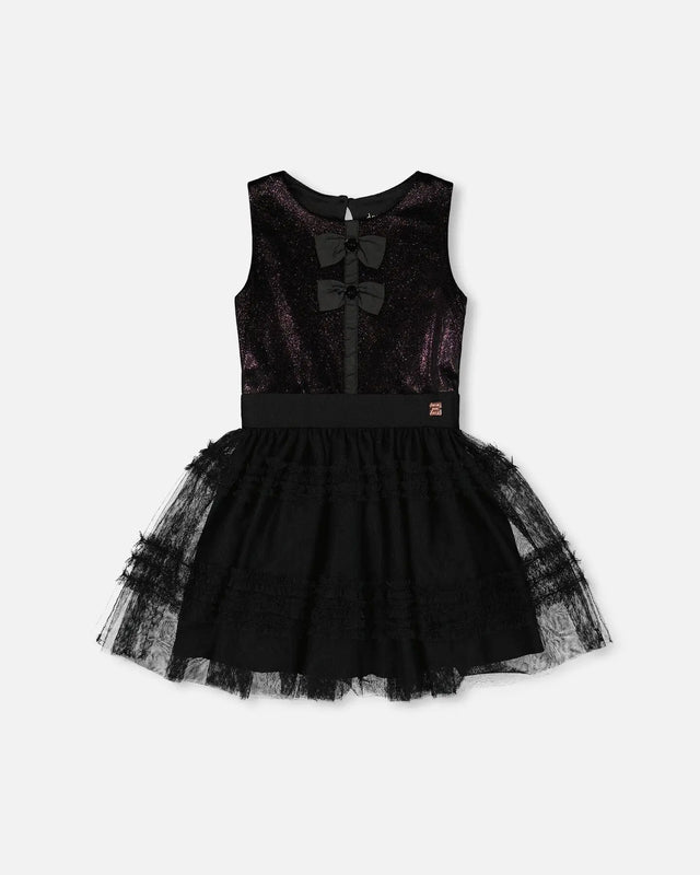 Sleeveless Bi-Material Velour And Mesh Dress Black | Deux par Deux | Jenni Kidz