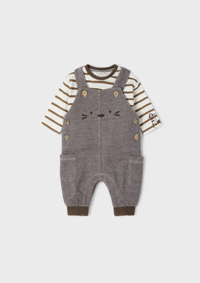 Front view of striped baby tee and brown animal-face dungaree set