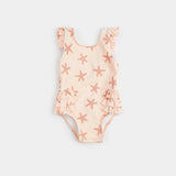 Front flat lay of Petit Lem rose one-piece swimsuit with starfish print and frill trims for baby girl