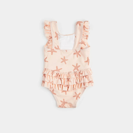 Mini baby-size rose starfish kids swimsuit with flutter straps shown on white background