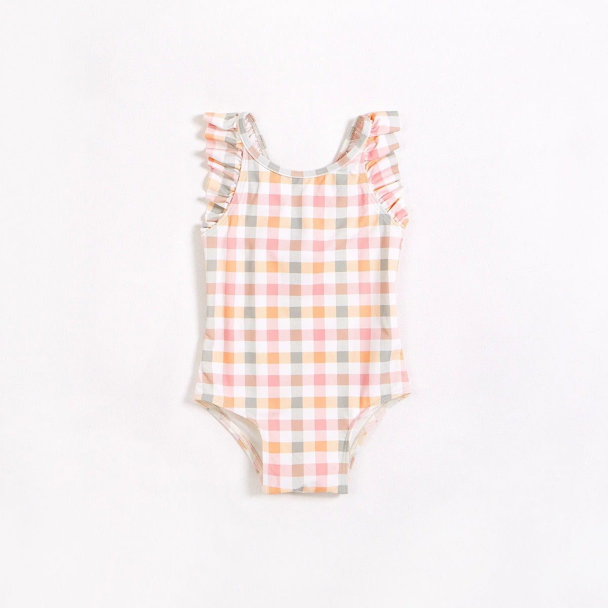 Pastel gingham one-piece swimsuit for baby and toddler girls laid flat on white background.