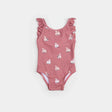 Front flat lay of Petit Lem baby girl jazzberry one-piece swimsuit with swan balloon print and frilly straps