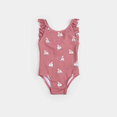 Front flat lay of Petit Lem baby girl jazzberry one-piece swimsuit with swan balloon print and frilly straps