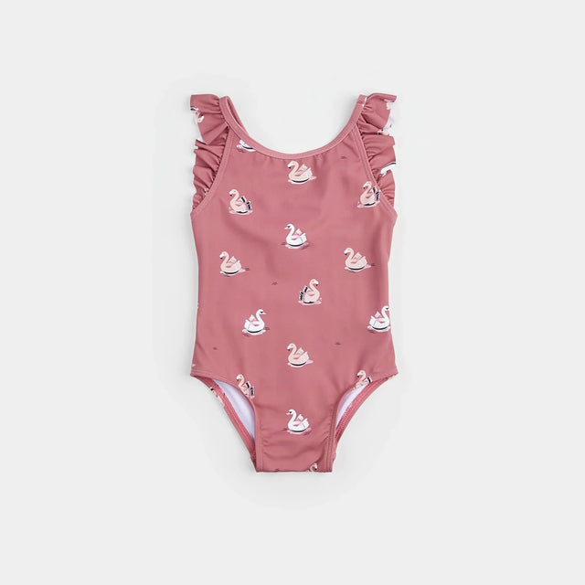 Front flat lay of Petit Lem baby girl jazzberry one-piece swimsuit with swan balloon print and frilly straps