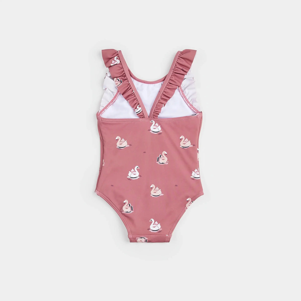 Back view of jazzberry swan balloon swimsuit for baby girl and girl with soft ruffle straps