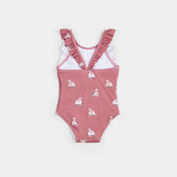 Back view of jazzberry swan balloon swimsuit for baby girl and girl with soft ruffle straps