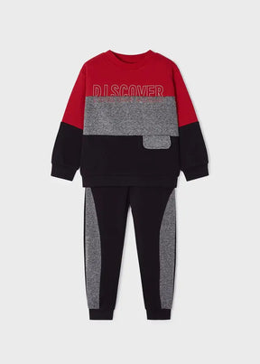 Front view of goji red, grey and black Mayoral boys sweatshirt and jogger tracksuit