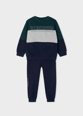 Front view of jade, grey and navy Mayoral boys sweatshirt and jogger tracksuit