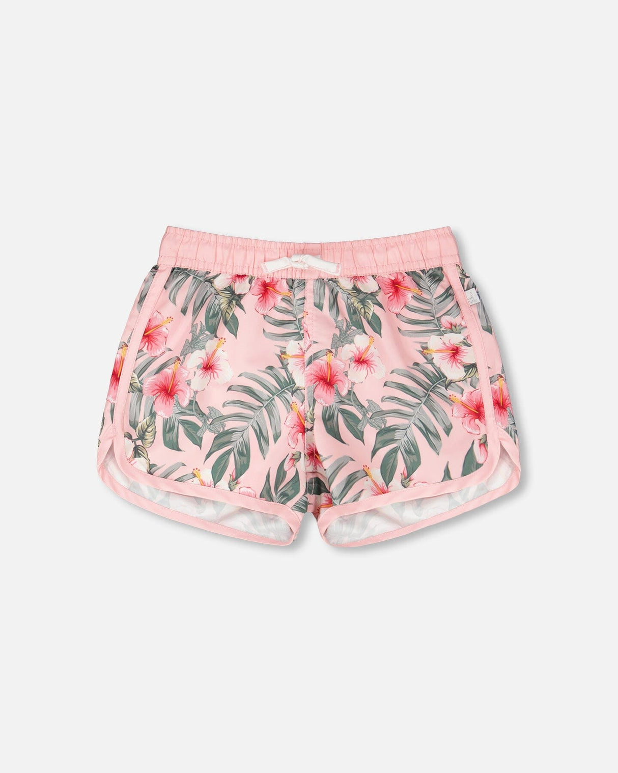 Front flat lay of Deux par Deux girl pink hibiscus girls swim shorts with curved hem