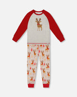 Two-Piece Organic Cotton Pajama Set Beige Reindeer Print | Deux par Deux | Jenni Kidz