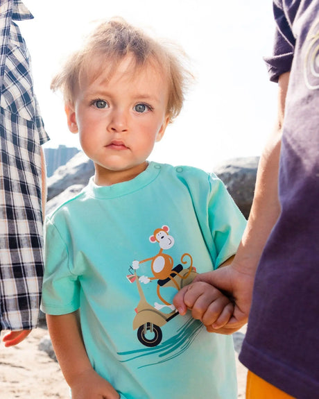 Two-Piece Top And Short Set Monkey On Navy And Turquoise Moped | Deux par Deux | Jenni Kidz